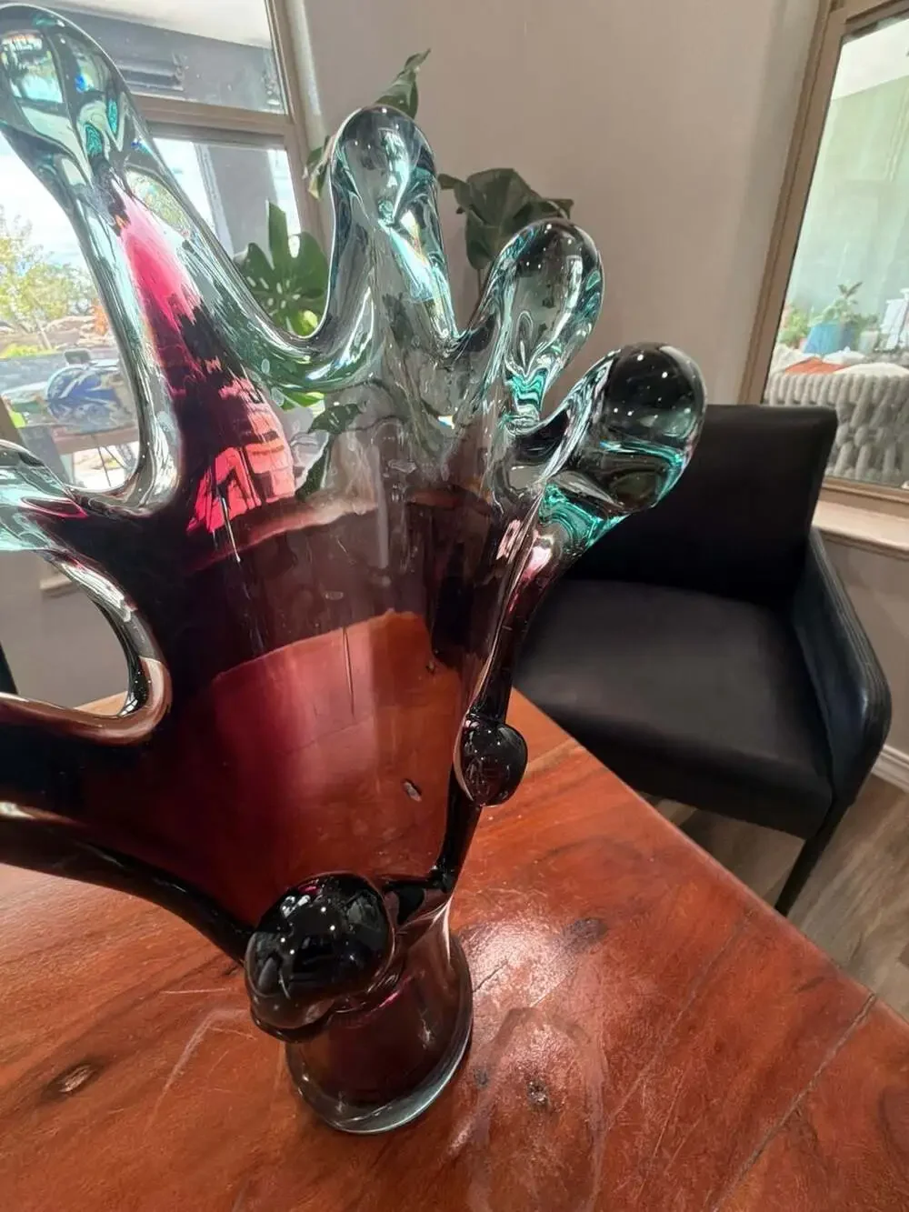 Vintage Murano Art Glass Swung Vase in Turquoise and Amethyst